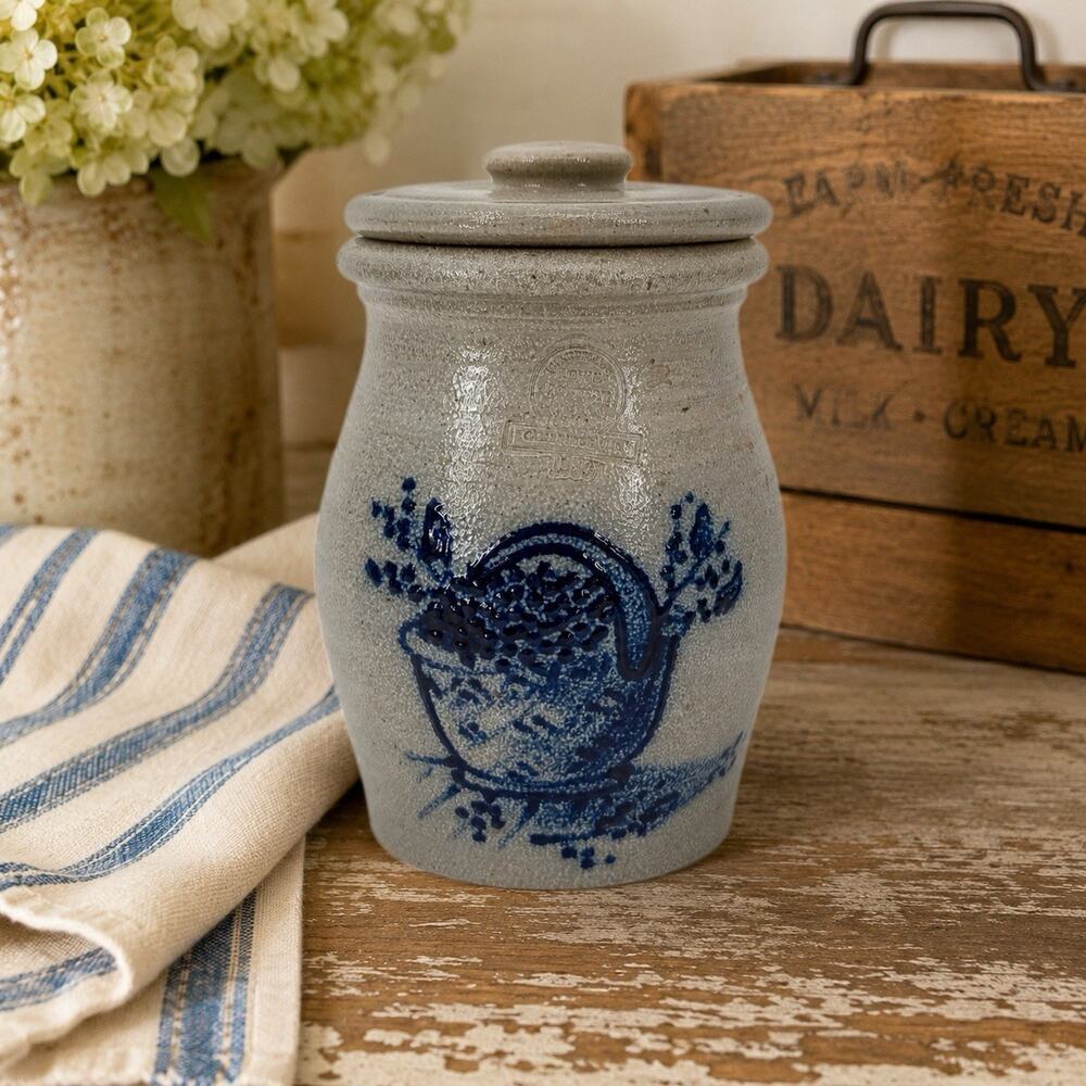 Vintage ROWE POTTERY WORKS 1989 Blueberry Basket Handmade Crock w/Lid ~ 1.5 qt.